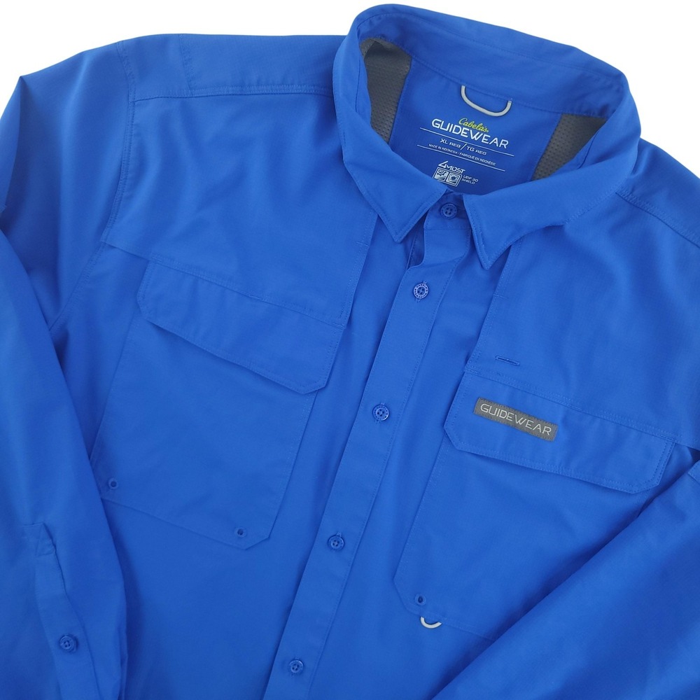 Cabela's Guidewear Shirt Mens XL Blue Solid Long Sleeve Fishing Button Up UPF 30